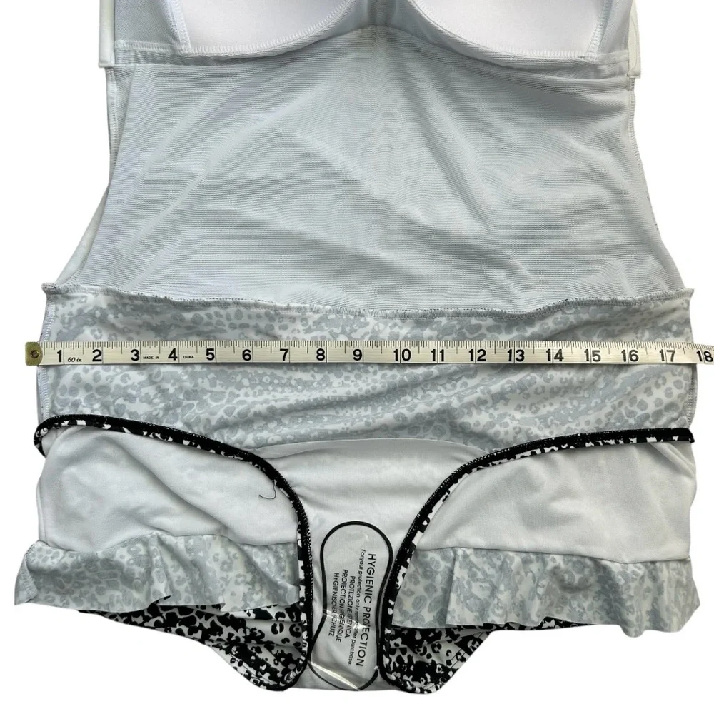 KIM GRAVEL Women’s Skirted 1- Pc. Swimsuit‎ Blk/Wt Leopard Print Ruching Bra 14
